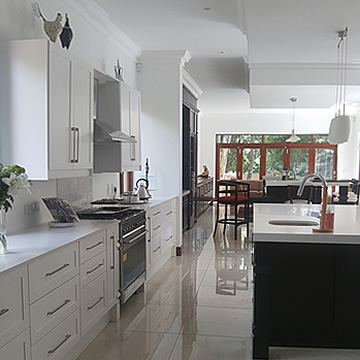 Classic Kitchen - White Duco with shaker Profile Tops in white Engineered Stone